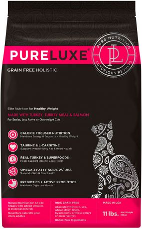 Pureluxe элитное питание беззерновой для нормализации веса для взрослых кошек с индейкой и лососем (1,5 кг)