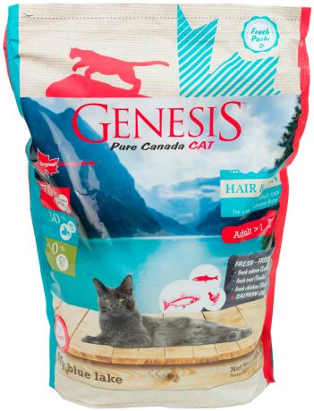 Genesis Pure Canada My Blue Lake Hair & Skin беззерновой для взрослых кошек при аллергии с лососем, форелью и курицей (2,268 + 2,268 кг)