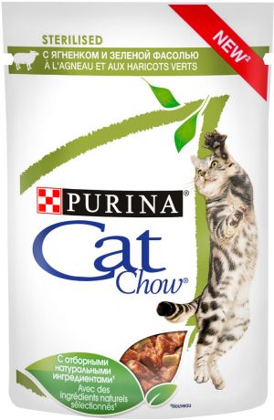 Cat Chow Sterilised для кастрированных котов и стерилизованных кошек с ягненком и зеленой фасолью в соусе 85 гр (85 гр х 24 шт)