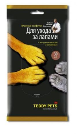 Teddy Pets – Салфетки влажные для ухода за лапами животных с экстрактом масла Ши и витамином е (30 шт)