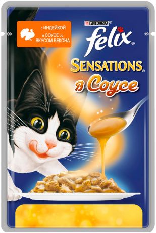 Felix Sensations для взрослых кошек с индейкой в соусе с беконом 85 гр (85 гр)