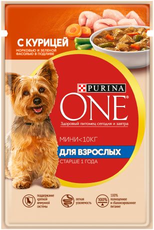 Purina One мини взрослая для взрослых собак маленьких пород с курицей, морковью и зеленой фасолью в подливе (100 гр)