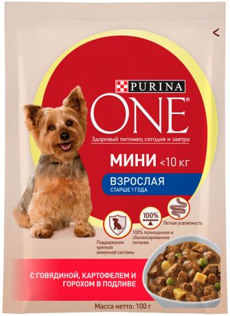 Purina One мини взрослая для взрослых собак маленьких пород с говядиной, картофелем и горохом в подливе 100 гр (100 гр)