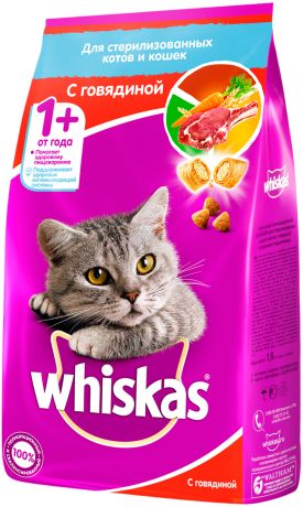 Whiskas для взрослых кастрированных котов и стерилизованных кошек с говядиной (0,35 кг)