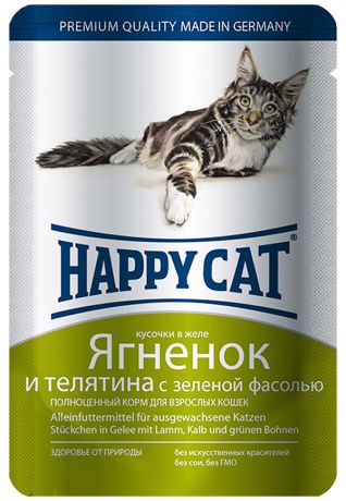 Happy Cat для взрослых кошек с ягненком, телятиной и зеленой фасолью в желе 100 гр (100 гр)