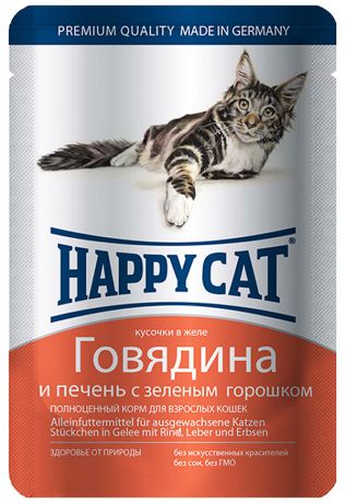 Happy Cat для взрослых кошек с говядиной, печенью и горохом в желе 100 гр (100 гр)