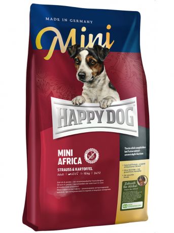 Happy Dog Supreme Mini Africa для взрослых собак маленьких пород при аллергии со страусом и картофелем (0,3 кг)