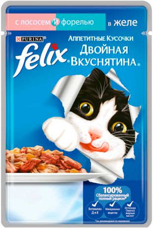 Felix двойная вкуснятина для взрослых кошек с лососем и форелью в желе 85 гр (85 гр)