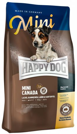 Happy Dog Supreme Mini Canada для взрослых собак маленьких пород при аллергии с лососем, кроликом, ягненком и картофелем (4 кг)