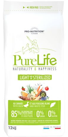 Flatazor Pure Life Light And/or Sterilised диетический для взрослых собак всех пород, кастрированных и стерилизованных собак с уткой и белой рыбой (2 кг)