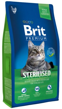 Brit Premium Cat Sterilized для взрослых кастрированных котов и стерилизованных кошек с курицей и куриной печенью (0,8 кг)