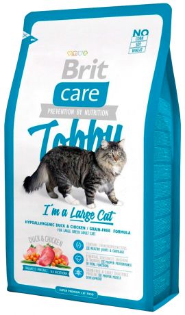 Brit Care Cat Tobby для взрослых кошек крупных пород при аллергии с уткой и рисом (2 кг)