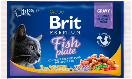 Brit Premium Cat Fish Plate для взрослых кошек рыбная тарелка 100 гр (4 х 100 гр)