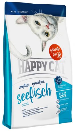 Happy Cat Sensitive Grainfree Adult Seefisch беззерновой для взрослых кошек при аллергии с рыбой, птицей и картофелем (1,4 кг)