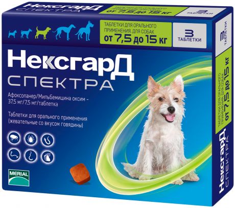НексгарД Спектра M – жевательная таблетка от клещей, гельминтов и блох для собак весом 7,5 - 15 кг (1 таблетка)