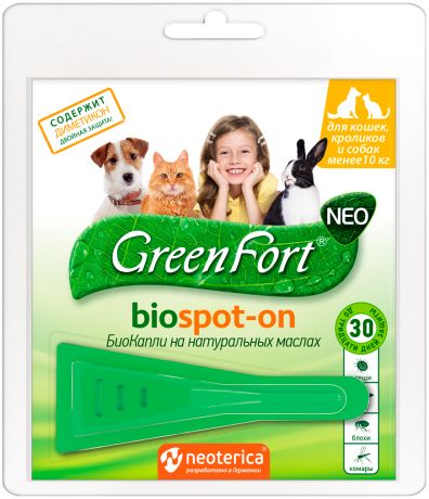 Green Fort Neo БиоКапли для собак маленьких пород весом до 10 кг, кошек и кроликов против клещей, блох, власоедов и комаров (1 пипетка)