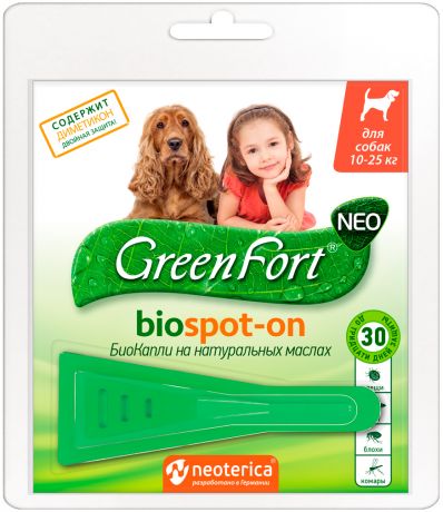 Green Fort Neo БиоКапли для собак средних пород весом от 10 до 25 кг против клещей, блох, власоедов и комаров (1 пипетка)
