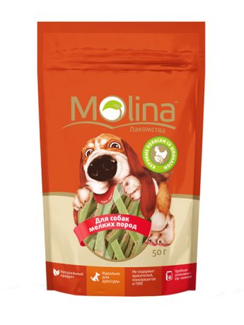 Лакомство Molina для взрослых собак маленьких пород куриные полоски со шпинатом (50 гр)
