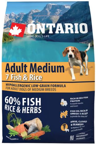 Ontario Dog Adult Medium 7 Fish & Rice низкозерновой для взрослых собак средних пород с 7 видами рыб и рисом (2,25 кг)