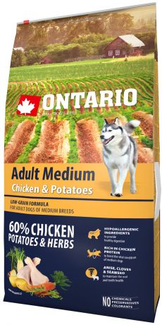 Ontario Dog Adult Medium Chicken & Potatoes низкозерновой для взрослых собак средних пород с курицей и картофелем (12 кг)