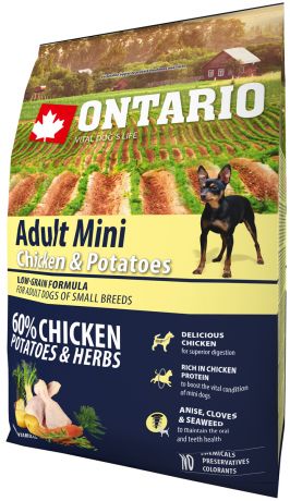Ontario Dog Adult Mini Chicken & Potatoes низкозерновой для взрослых собак маленьких пород с курицей и картофелем (0,75 кг)
