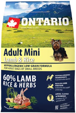 Ontario Dog Adult Mini Lamb & Rice низкозерновой для взрослых собак маленьких пород с ягненком и рисом (6,5 кг)