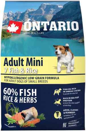 Ontario Dog Adult Mini 7 Fish & Rice низкозерновой для взрослых собак маленьких пород с 7 видами рыб и рисом (0,75 кг)
