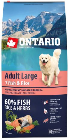 Ontario Dog Adult Large 7 Fish & Rice низкозерновой для взрослых собак крупных пород с 7 видами рыб и рисом (12 кг)