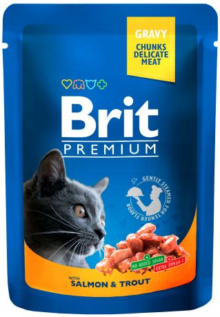Brit Premium Cat With Salmon & Trout для взрослых кошек с лососем и форелью 100 гр (100 гр х 24 шт)