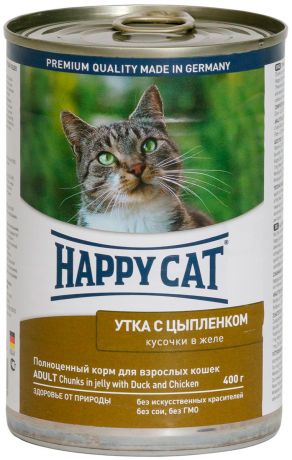 Happy Cat для взрослых кошек с уткой и цыпленком в желе 400 гр (400 гр х 24 шт)