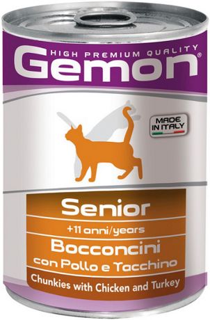 Gemon Cat Senior для пожилых кошек старше 11 лет с кусочками курицы и индейки 415 гр (415 гр х 24 шт)