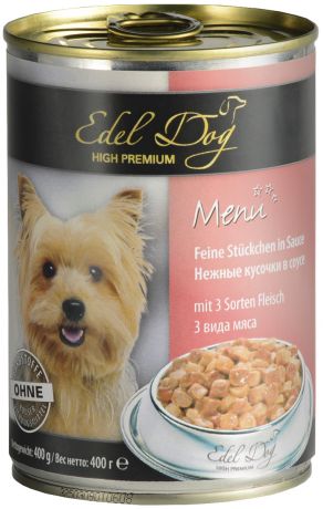 Edel Dog для взрослых собак всех пород с 3 видами мяса в соусе 400 гр (400 гр х 24 шт)