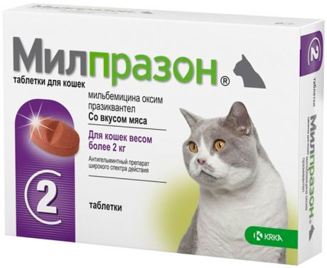 милпразон антигельминтик для взрослых кошек весом более 2 кг (уп. 2 таблетки) Krka (1 шт)