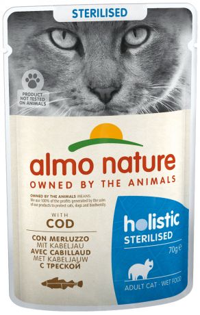 Almo Nature Cat Holistic Sterilised для взрослых кастрированных котов и стерилизованных кошек с треской 70 гр (70 гр х 30 шт)