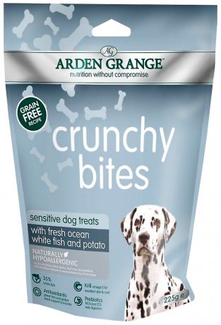 Лакомство Arden Grange Crunchy Bites Sensitive для собак при аллергии с рыбой и картофелем (225 гр)