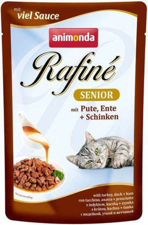 Animonda Rafine Senior Mit Pute, Ente & Schinken для пожилых кошек коктейль с индейкой, уткой и ветчиной 100 гр (100 гр х 12 шт)