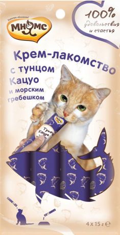 Лакомство мнямс для кошек крем с тунцом Кацуо и морским гребешком (4 шт)