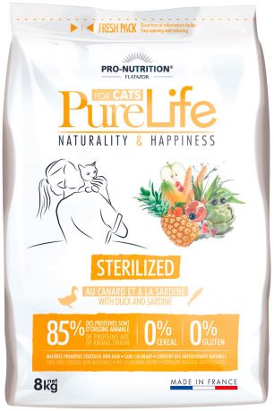 Flatazor Pure Life Adult Sterilised для взрослых кастрированных котов и стерилизованных кошек (8 кг)