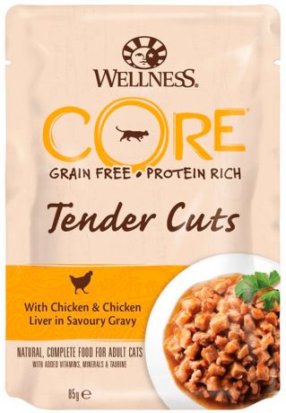 Wellness Core Cat Tender Cuts для взрослых кошек с нежными кусочками курицы и куриной печени в соусе 85 гр (85 гр х 24 шт)
