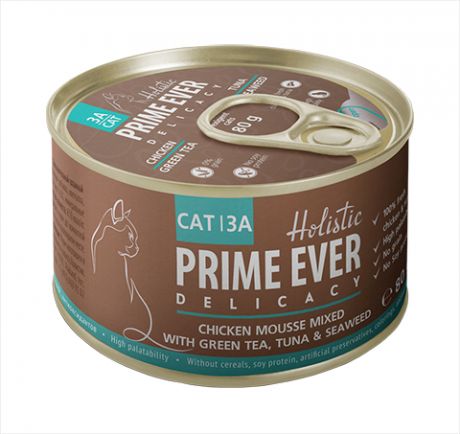 Prime Ever Delicacy Chicken Mousse Mixed With Green Tea, Tuna & Seaweed холистик для кошек и котят мусс с цыпленком, зеленым чаем, тунцом и водорослями 80 гр (80 гр)