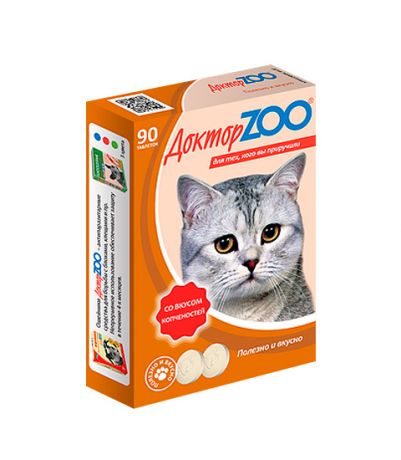 доктор Zoo мультивитаминное лакомство для кошек со вкусом копченостей и биотином (90 таблеток)