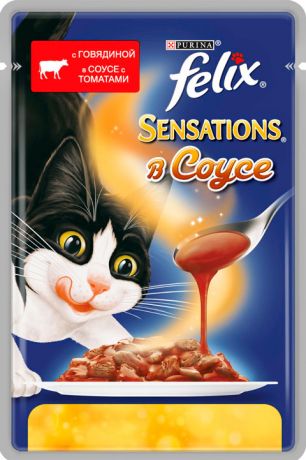 Felix Sensations для взрослых кошек с говядиной в соусе с томатами 85 гр (85 гр х 24 шт)