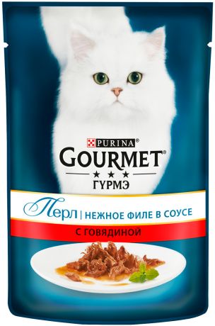 Gourmet Perle для взрослых кошек нежное филе с говядиной в соусе 85 гр (85 гр х 24 шт)