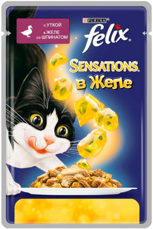 Felix Sensations для взрослых кошек с уткой в желе со шпинатом 85 гр (85 гр х 24 шт)