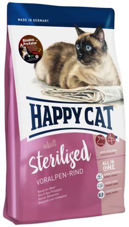 Happy Cat Supreme Sterilised Voralpen-rind для взрослых кастрированных котов и стерилизованных кошек с говядиной (1,4 кг)