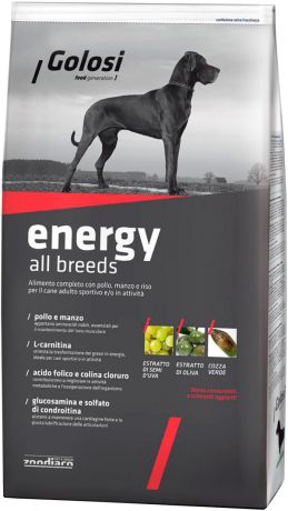 Golosi Energy All Breeds для активных взрослых собак всех пород с курицей, говядиной и рисом (12 кг)