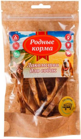 Лакомство родные корма для собак ухо свиное нарезка сушеная в дровяной печи (30 гр)