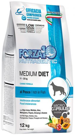 Forza10 Dog Medium Diet монобелковый для взрослых собак средних пород при аллергии с рыбой (12 кг)