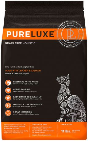 Pureluxe элитное питание беззерновой для длинношерстных взрослых кошек с курицей и лососем (1,5 кг)