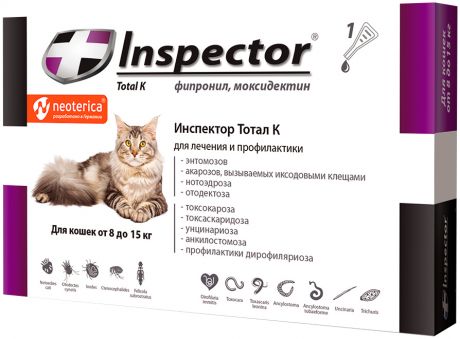 Inspector тотал к капли для кошек весом от 8 до 15 кг против внутренних и внешних паразитов (1 пипетка)